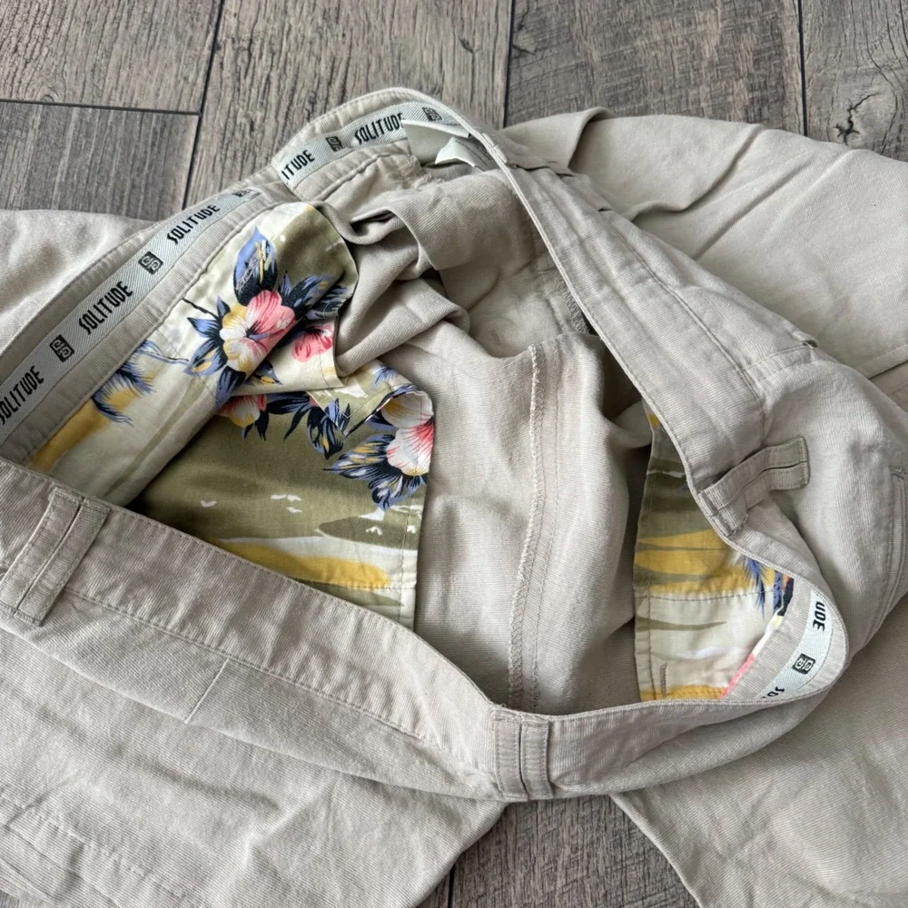 Solitude Pleated Linen Blend Shorts Beige Tan Mens 36 Tropical Lining Chino Golf